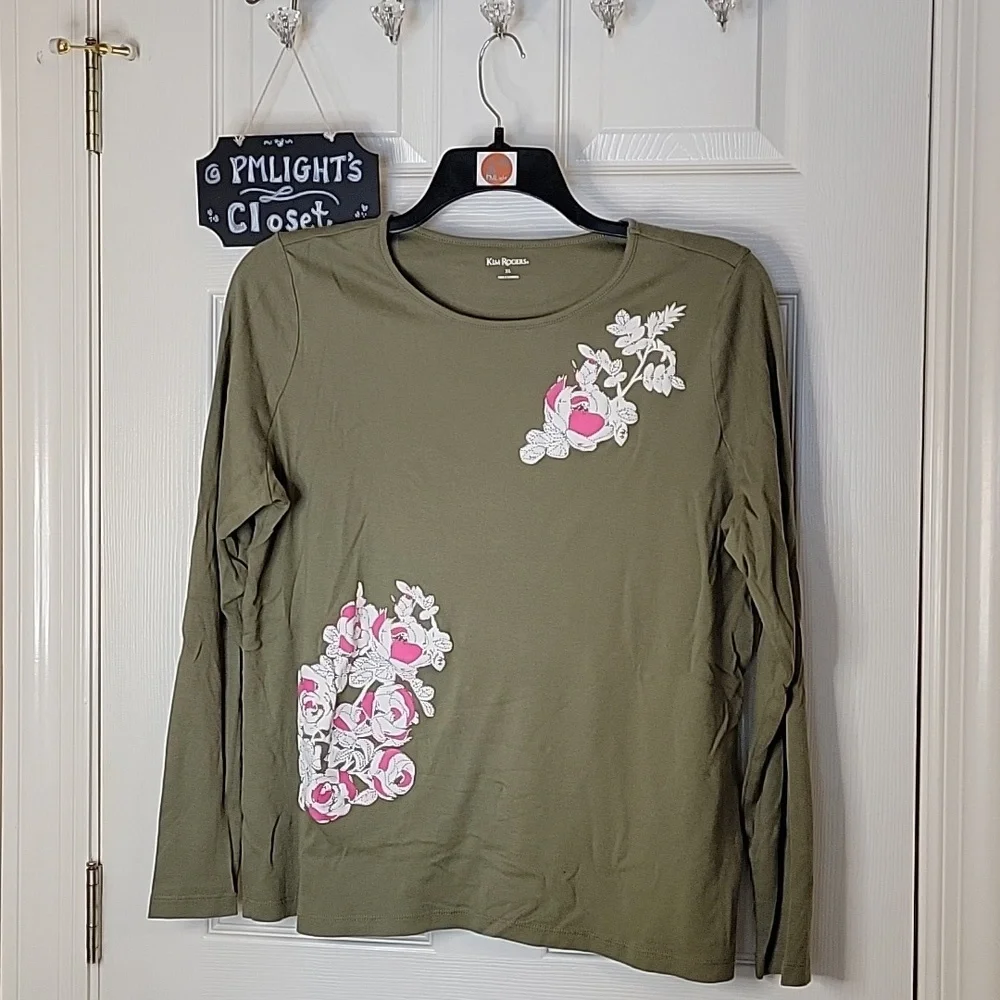 Kim Rogers XL Blouse Olive Green Floral Pink White Black Long Sleeve